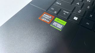 Close up on the AMD Ryzen AI 9 and NVIDIA GeForce RTX stickers on the ASUS ProArt P16