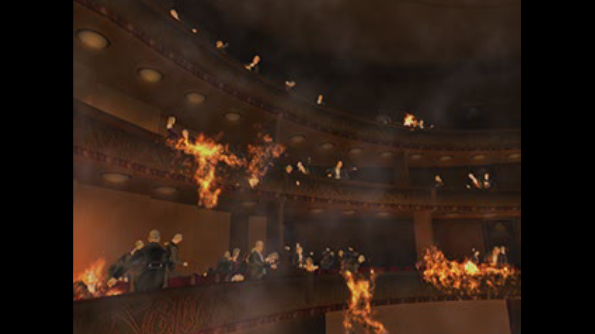 The opening opera scene in Parasite Eve where attendees are burning