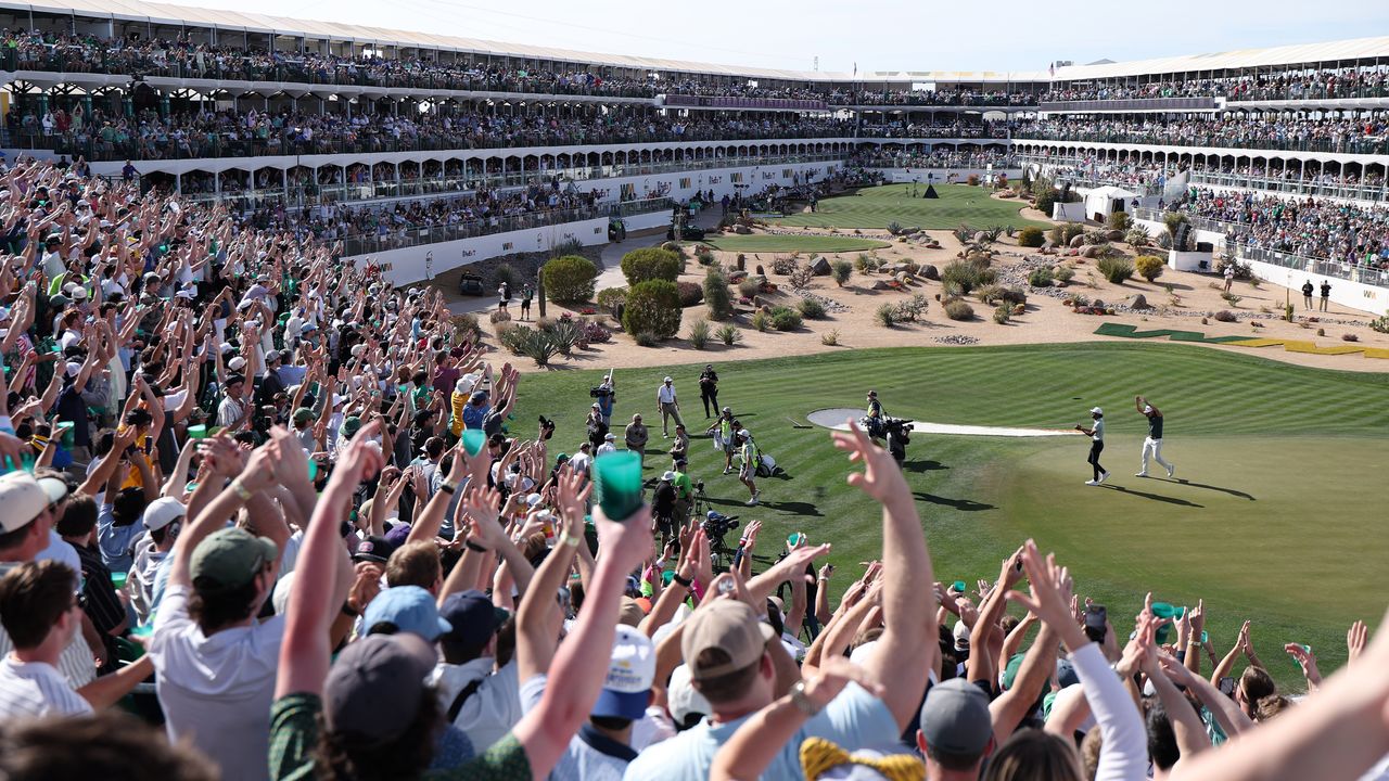 Fans at TPC Scottsdale&#039;s 16th hole join in with a viking thunder clap, led by Min Woo Lee and Akshay Bhatia, during round three of the 2025 WM Phoenix Open