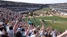 Fans at TPC Scottsdale's 16th hole join in with a viking thunder clap, led by Min Woo Lee and Akshay Bhatia, during round three of the 2025 WM Phoenix Open