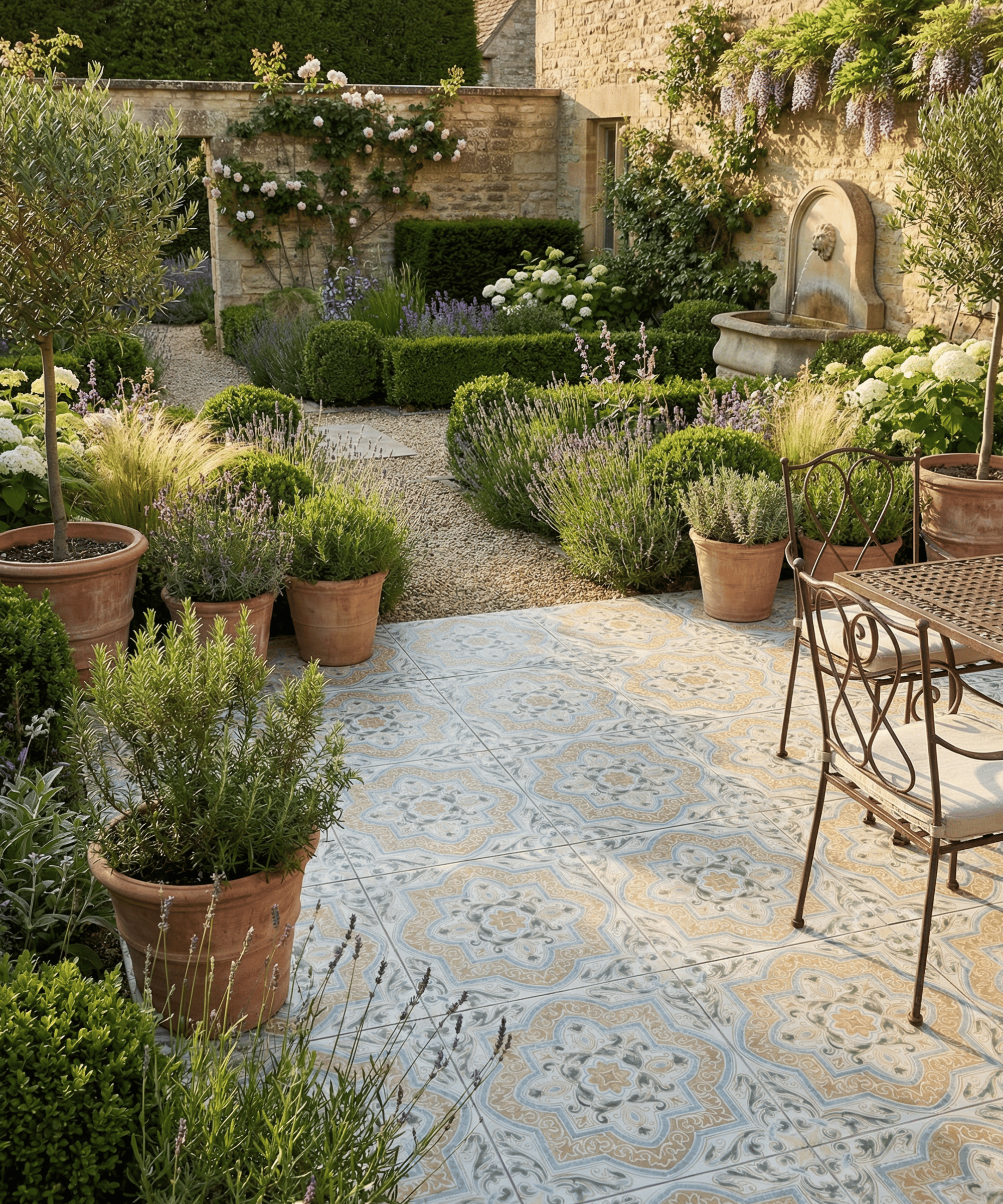 Patio with patterned floor tiles and lots of pot plants