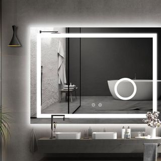 rectangular illuminated mirror with magnifying section