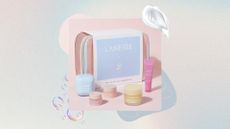 Boots X Laneige Beauty Icons Gift Set on a pastel watercolour background, with pink and blue motifs and cream swatch