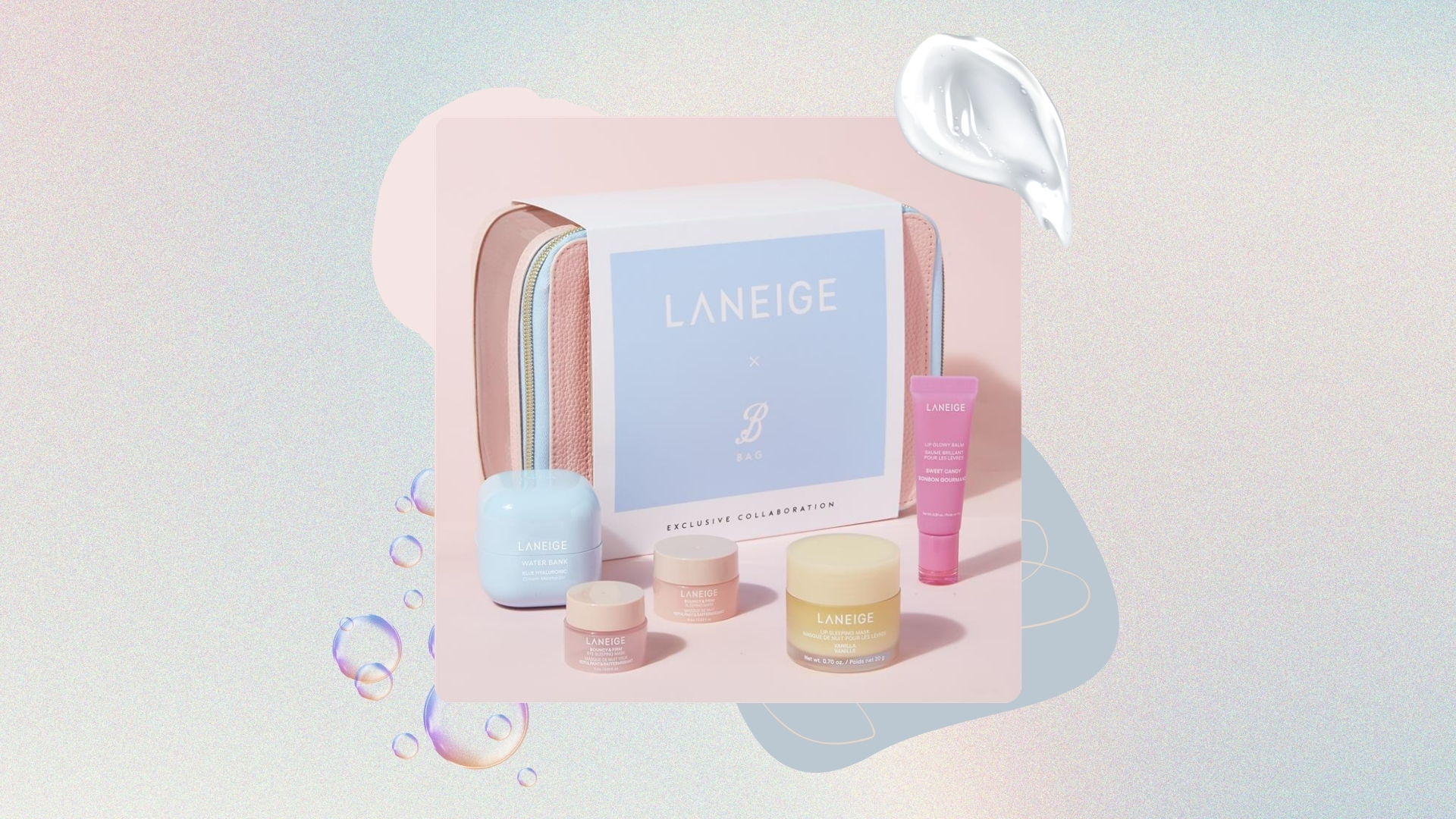 Boots X Laneige Beauty Icons Gift Set on a pastel watercolour background, with pink and blue motifs and cream swatch