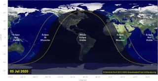 This map from In-The-Sky.org shows the visibility area for the penumbral lunar eclipse of July 4-5, 2020.
