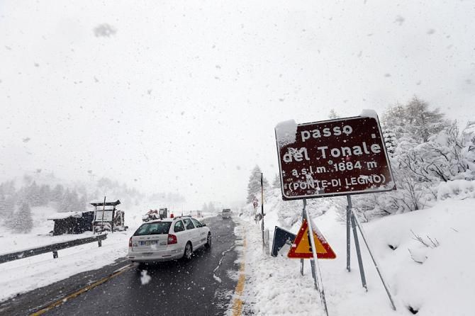 Snow lines the Passo del Tonale