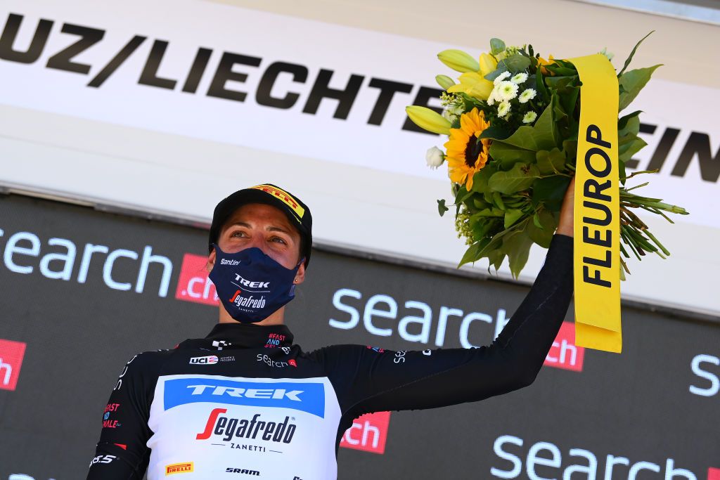 VADUZ SWITZERLAND JUNE 19 Lucinda Brand of The Netherlands and Team Trek Segafredo celebrates at podium as Black Points Jersey winner during the 2nd Tour de Suisse Women 2022 Stage 2 a 256km individual time trial stage from Vaduz to Vaduz ITT ourdesuisse2022 on June 19 2022 in Vaduz Switzerland Photo by Tim de WaeleGetty Images