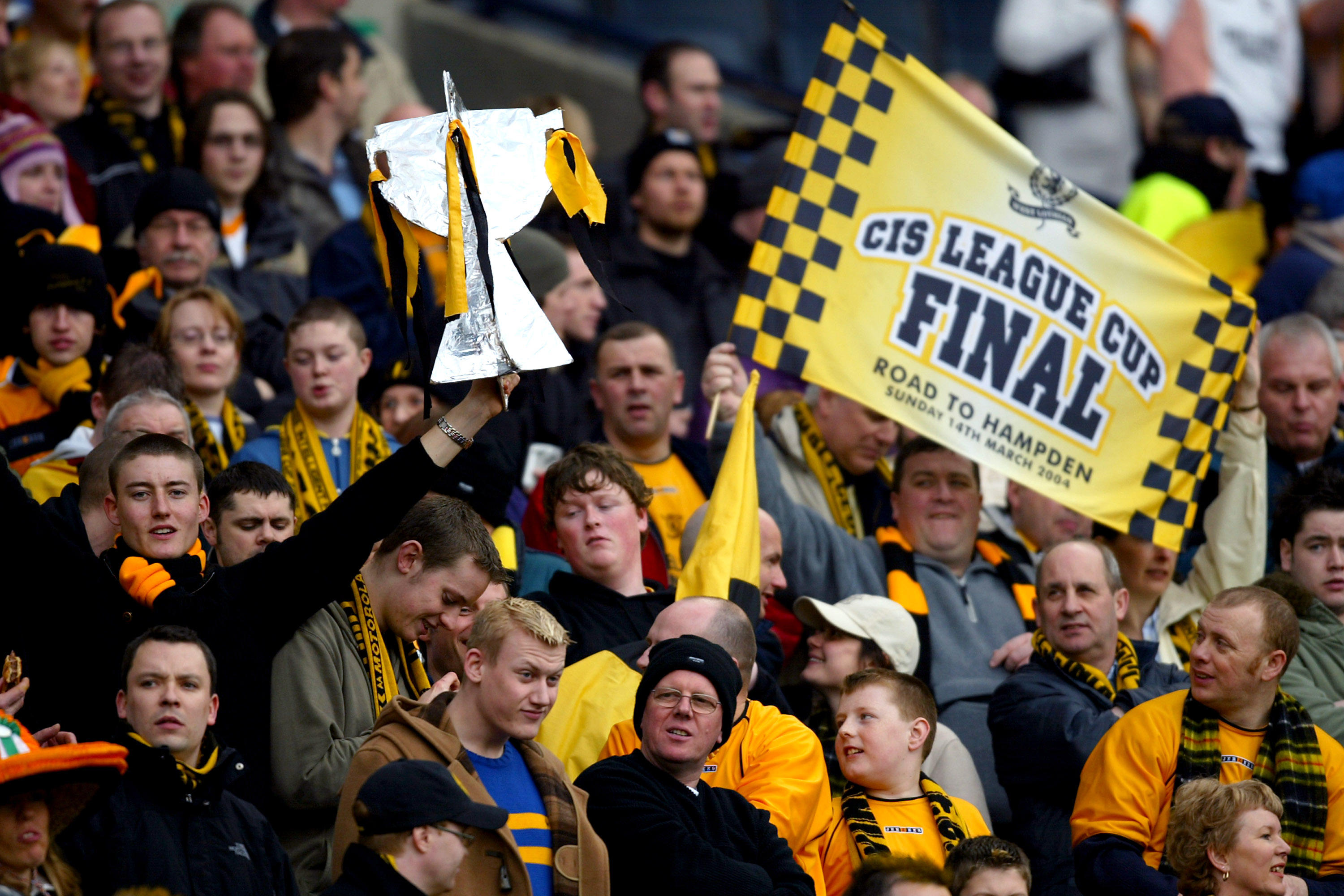 Livingston fans at the 2004 Scottish League Cup final, in which the club beat Hibernian to win their first major trophy