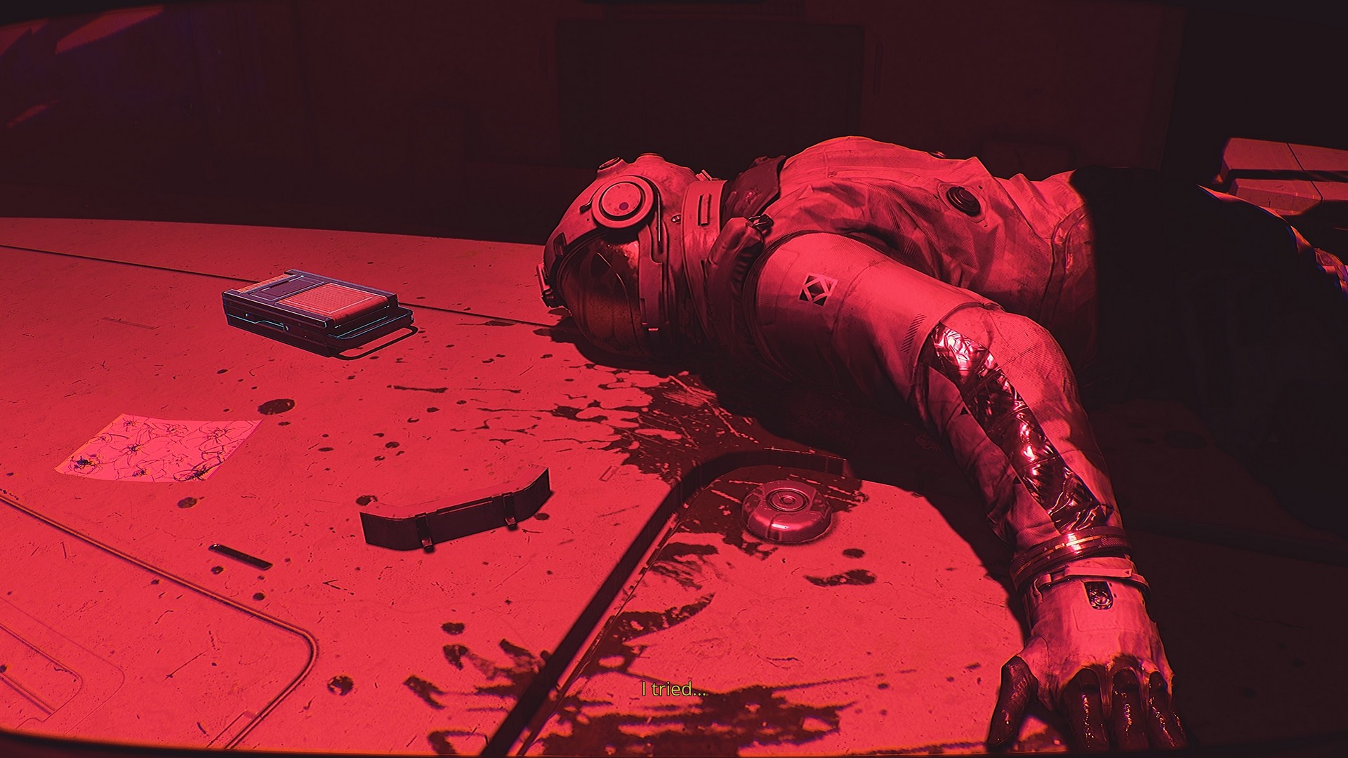 A body lit in red in Routine in an astronaut suit with blood spray