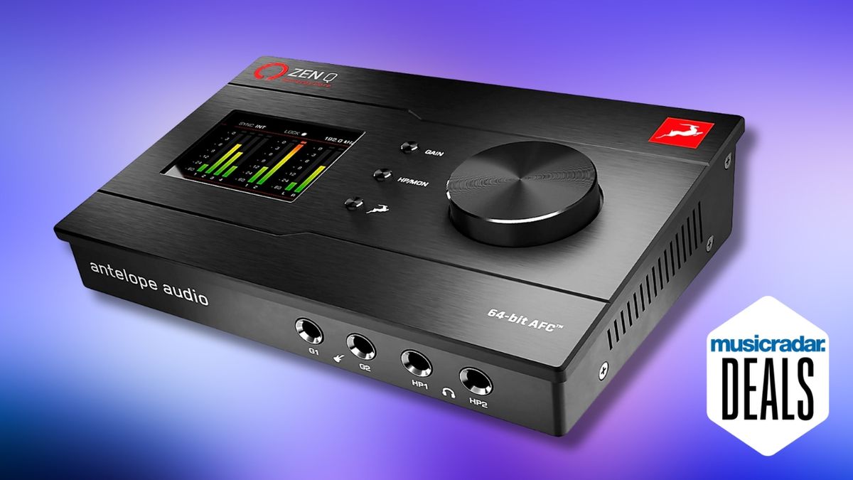 An Antelope Audio audio interface on a purple gradient background