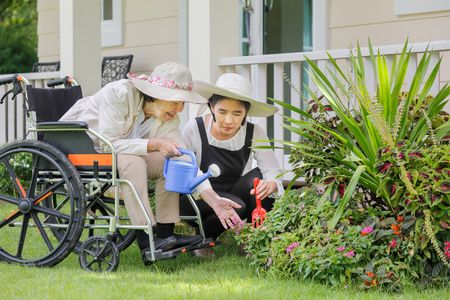 Gardeners Watering Plants In Front Yard