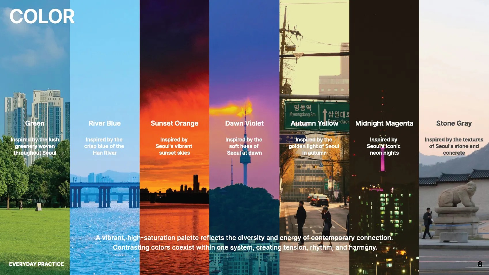A "Color" slide showing seven vertical photo strips of Seoul each labelled with its inspired colour name: Green, River Blue, Sunset Orange, Dawn Violet, Autumn Yellow, Midnight Magenta and Stone Gray.