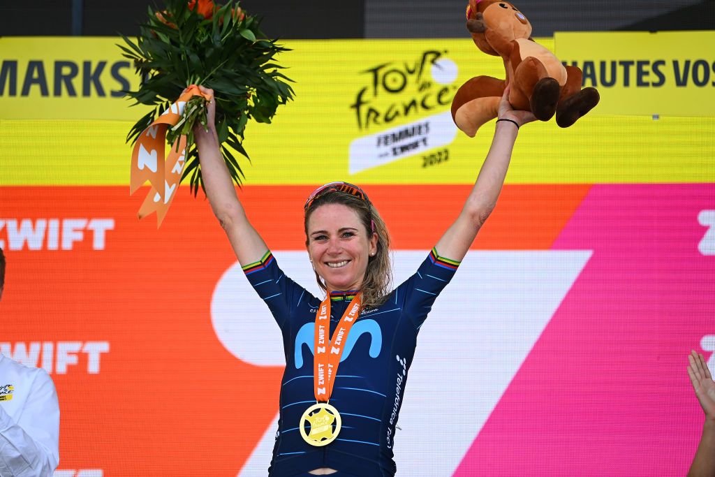 LE MARKSTEIN FRANCE JULY 30 Annemiek Van Vleuten of Netherlands and Movistar Team celebrates winning the stage on the podium ceremony after the 1st Tour de France Femmes 2022 Stage 7 a 1271km stage from Slestat to Le Marksteinc TDFF UCIWWT on July 30 2022 in Le Markstein France Photo by Tim de WaeleGetty Images