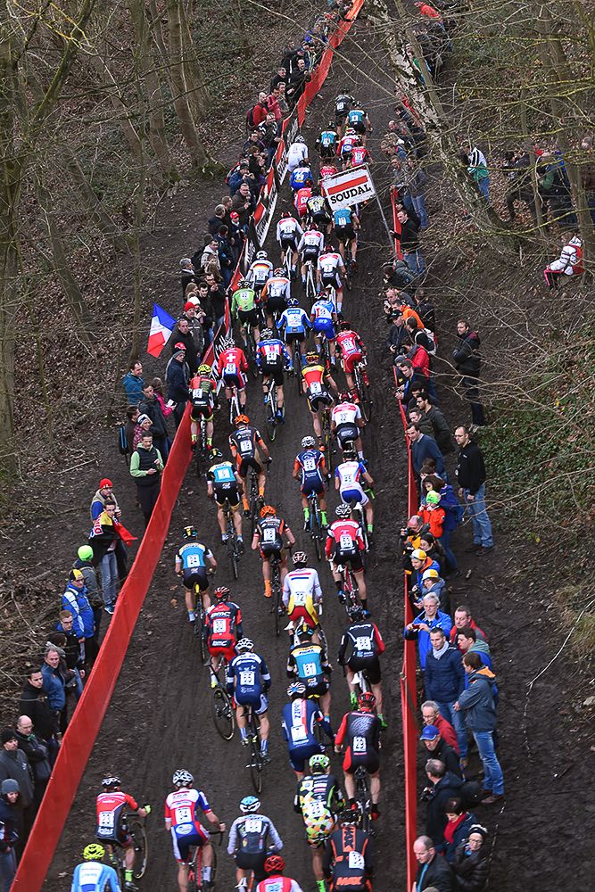 Riders take on the big climb in Namur.
