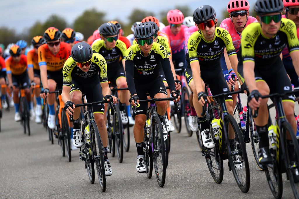 VINUESA SPAIN OCTOBER 22 Nicholas Schultz of Australia and Team Mitchelton Scott Johan Esteban Chaves Rubio of Colombia and Team Mitchelton Scott Mikel Nieve Ituralde of Spain and Team Mitchelton Scott Hugh Carthy of The United Kingdom and Team EF Pro Cycling during the 75th Tour of Spain 2020 Stage 3 a 1661km stage from Lodosa to La Laguna Negra Vinuesa 1735m lavuelta LaVuelta20 La Vuelta on October 22 2020 in Vinuesa Spain Photo by Justin SetterfieldGetty Images
