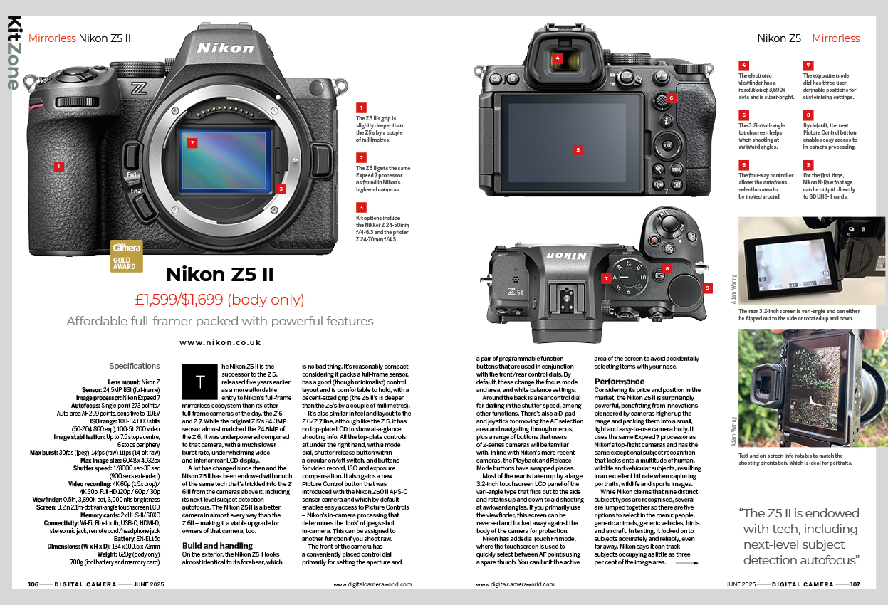 Image showing the first two pages of the Nikon Z5 II camera review, in issue 295 (June 2025) of Digital Camera magazine