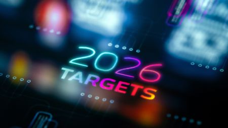 A futuristic, digital diagram showing the 2026 goals and targets with colored labels and interconnected lines, conveying planning, ambition, and strategic thinking for personal or business growth