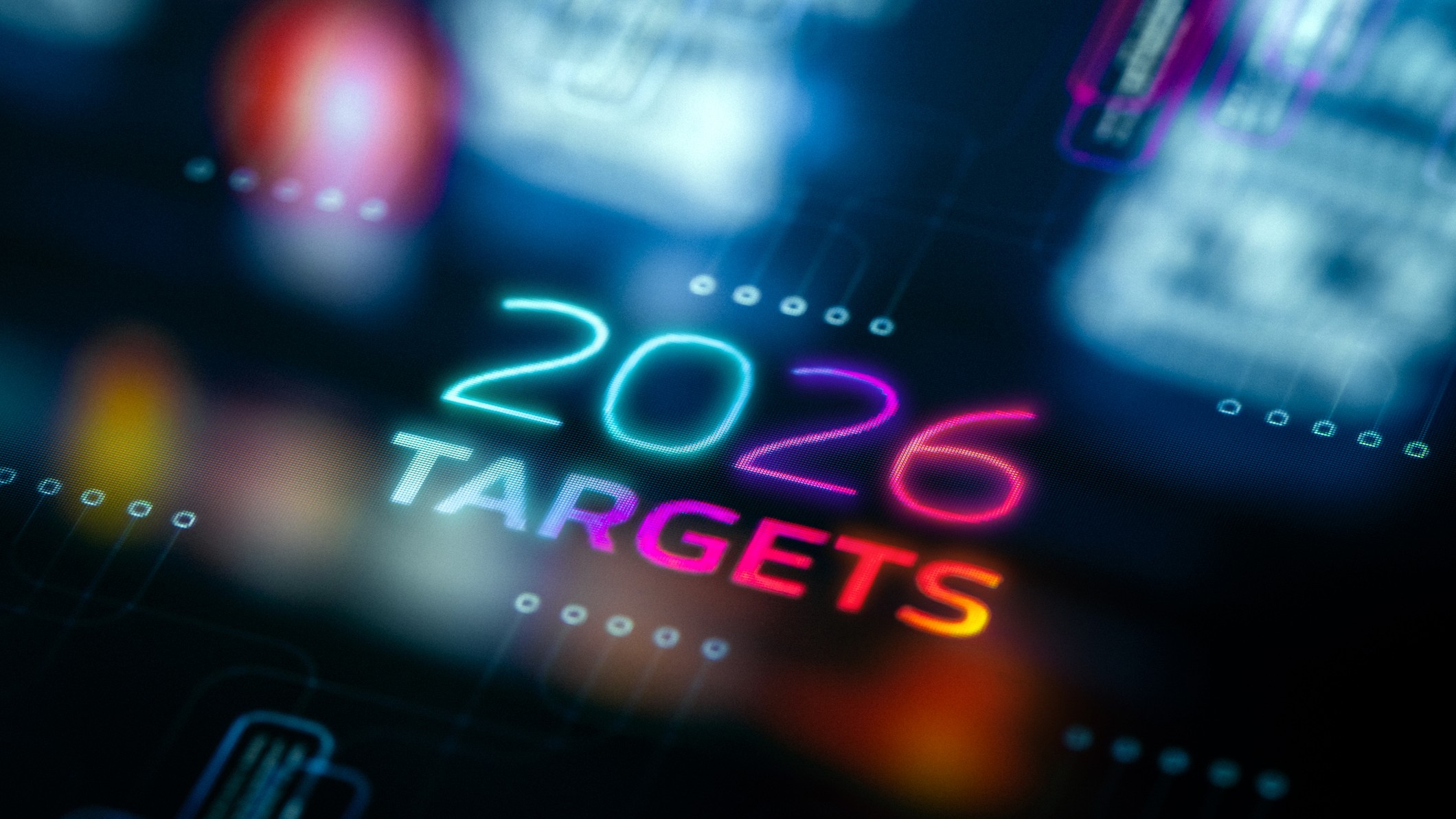 A futuristic, digital diagram showing the 2026 goals and targets with colored labels and interconnected lines, conveying planning, ambition, and strategic thinking for personal or business growth