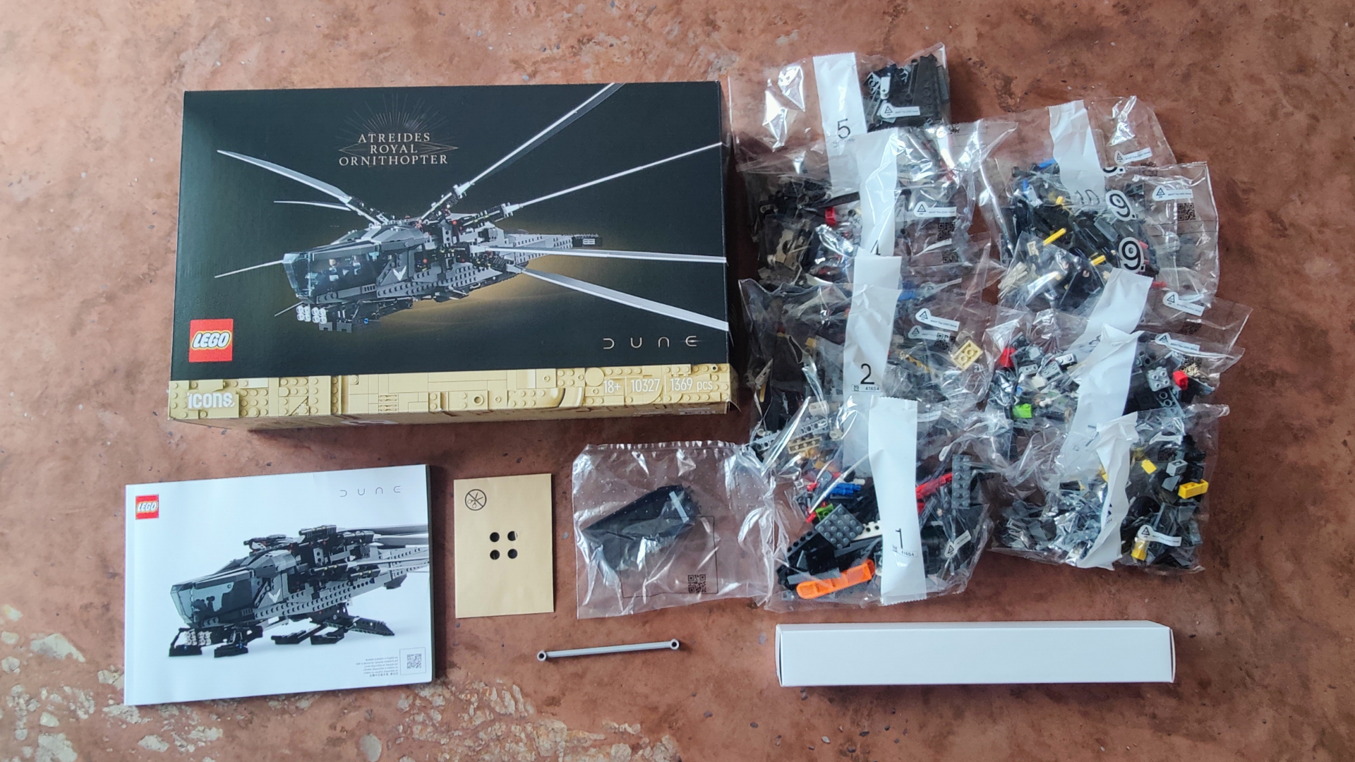 Everything in the box of the Lego Dune Atreides Royal Ornithopter