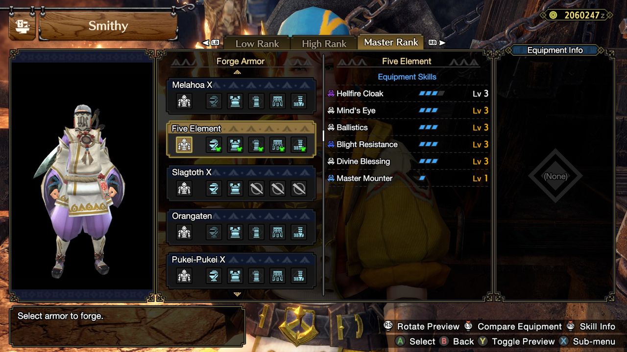 Sunbreak secret armor set Five Element: a white and gold tunic over purple robe with a while head covering.