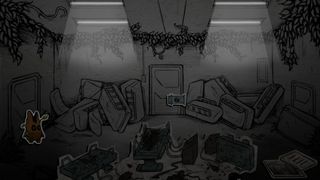 Woody entering a dark room.