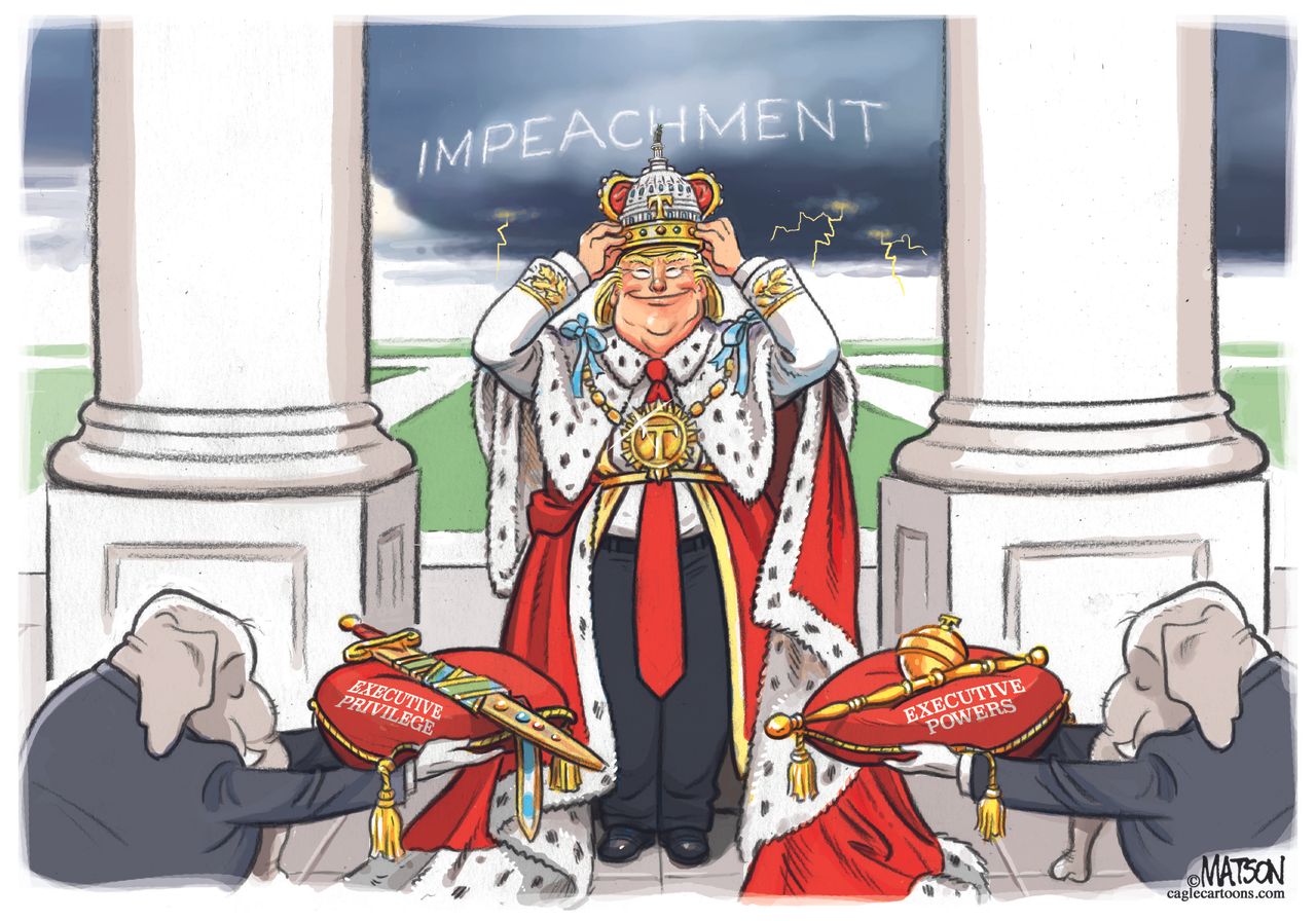 Political Cartoon U.S. Trump king 2020 presidential elections executive powers impeachment privilege