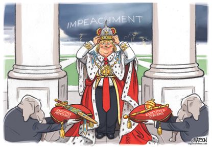 Political Cartoon U.S. Trump king 2020 presidential elections executive powers impeachment privilege