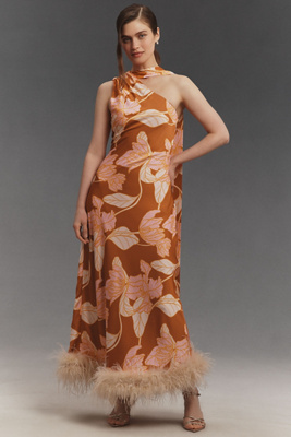 Hutch One-Shoulder Faux-Feather Trim Maxi Dress