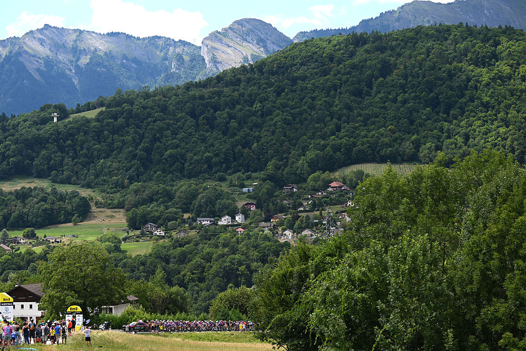 ALBERTVILLE, FRANCE - JULY 25: A general view of the peloton prior to the 112th Tour de France 2025, Stage 19 a 93.1km stage from Albertville to La Plagne 2062m / #UCIWT / Stage route modified over infected cattle / on July 25, 2025 in Albertville, France. (Photo by Dario Belingheri/Getty Images)