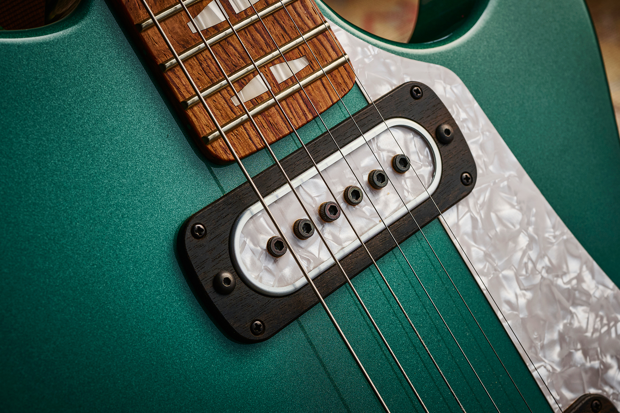 A photo showing a detail of the Powers Electric A-type electric guitar