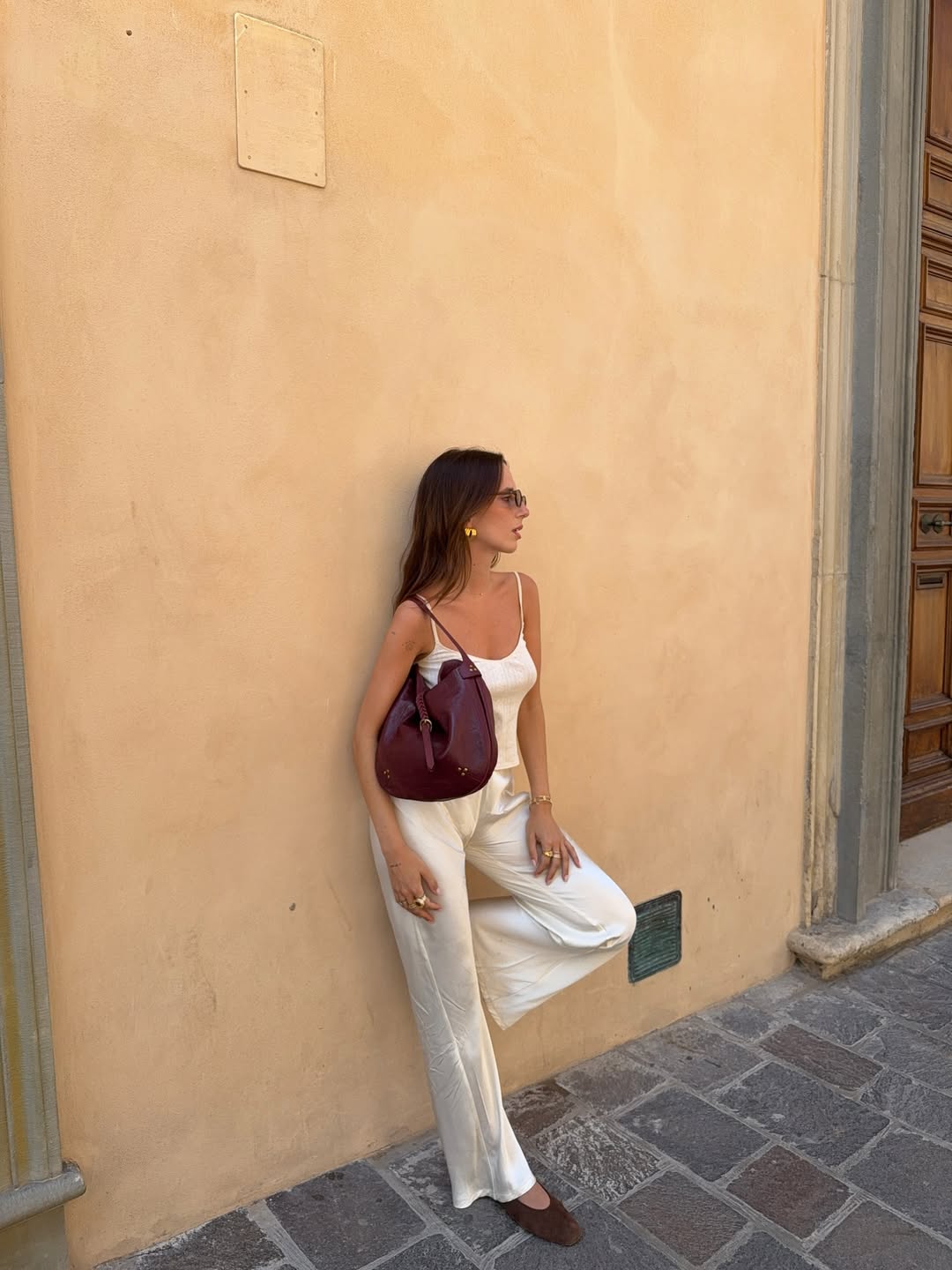 Clem in satin trousers and camisole