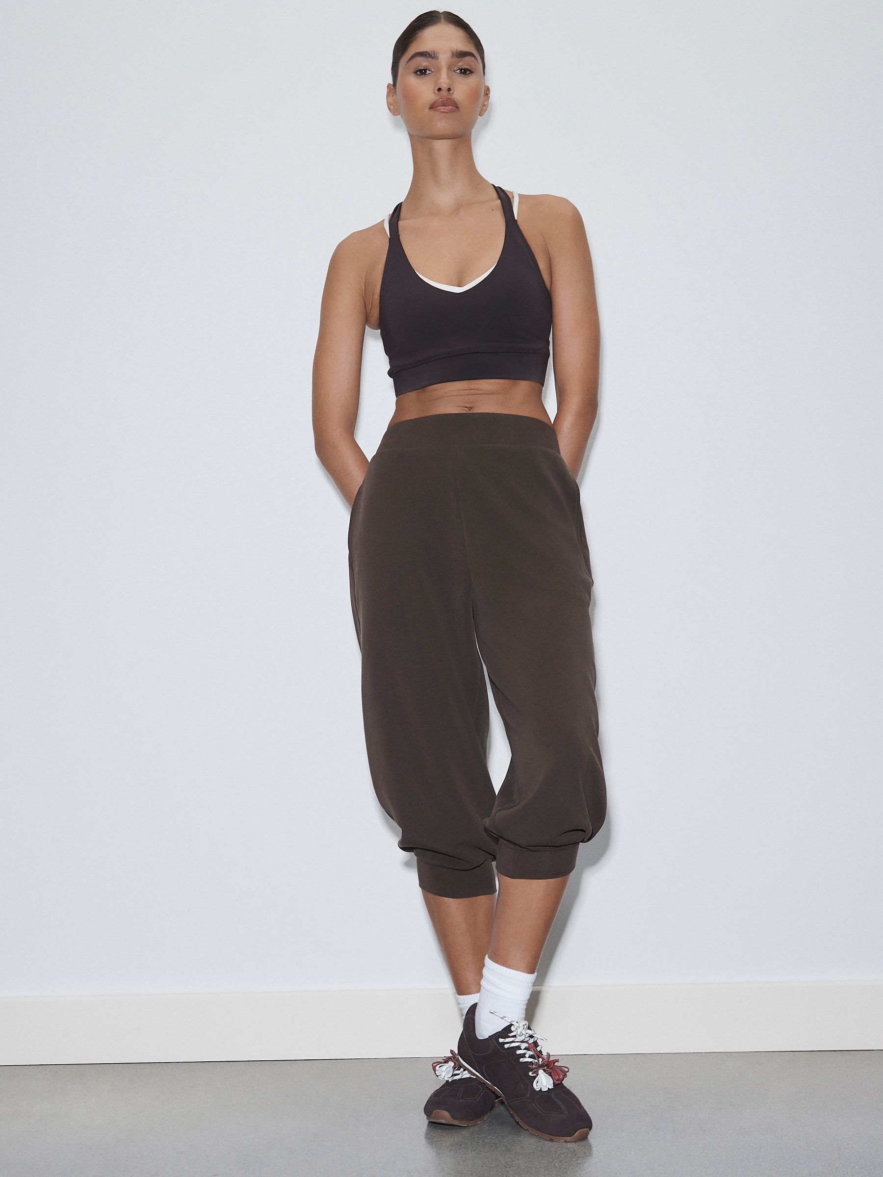 Chocolate Brown Active Crop Balloon Leg Modal Trousers - Size X-Small