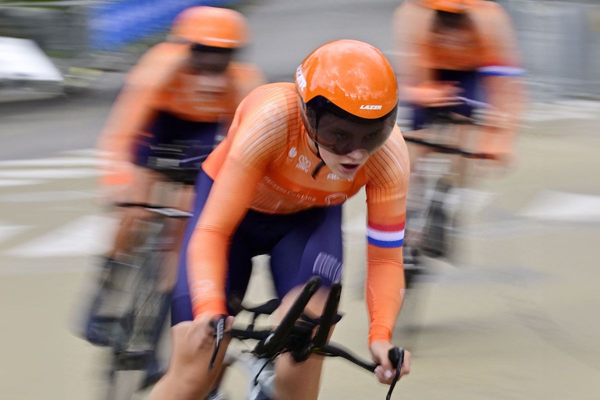 Netherlands Female Team Jente Koops, Roos Muller and Sara Sonnemans pictured in action during the time trial mixed relay juniors at the European Championship 2024, in Hasselt, Thursday 12 September 2024. The UEC Road European Championships 2024 will take place from 11 to 15 september in Limburg, Belgium. BELGA PHOTO DIRK WAEM (Photo by DIRK WAEM / BELGA MAG / Belga via AFP)