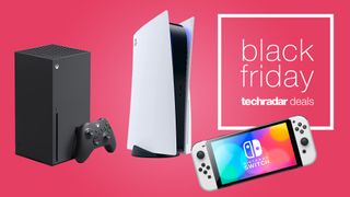 Black Friday gaming deals hero image: a pink background with an Xbox Series X, PS5 and Nintendo Switch OLED on it