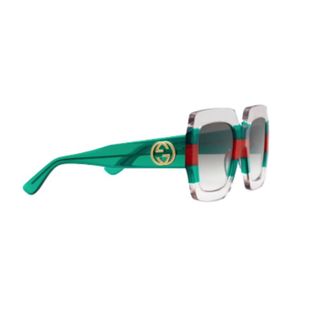 Pair of transparent Gucci sunglasses with signature colours on the temples