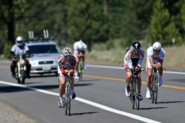 Riders get bunched up on the way back into the finish.
