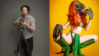 Alexis Dubas and a photo of a woman wearing a bikini and a dinosaur mask cosplay