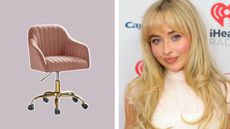 A pink modern office chair on a light purple background next to a headshot of Sabrina Carpenter in white
