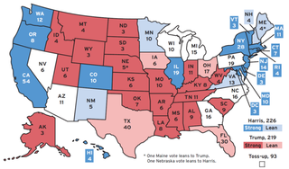 A border map of the United States showing projections for who will win in the 2024 presidential election.