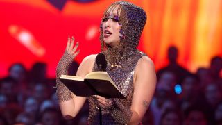 ELMONT, NEW YORK - SEPTEMBER 11: Chappell Roan accepts the Best New Artist award on stage during the 2024 MTV Video Music Awards at UBS Arena on September 11, 2024 in Elmont, New York.