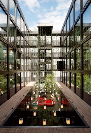 A serene atrium that offers a rare green haven in the bustling metropolis, with tall birch trees reaching up through hanging lanterns