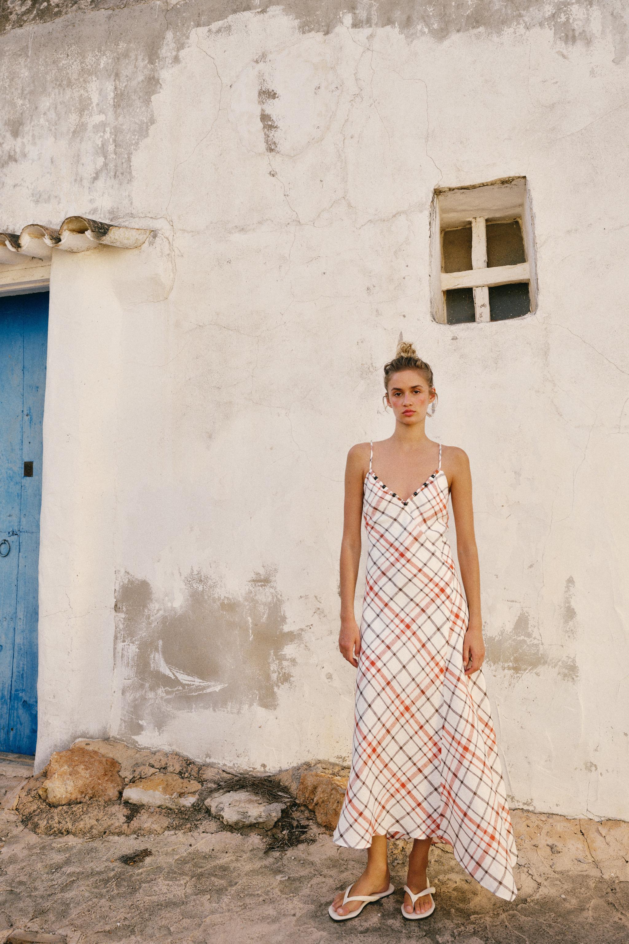 Check Linen Blend Midi Dress
