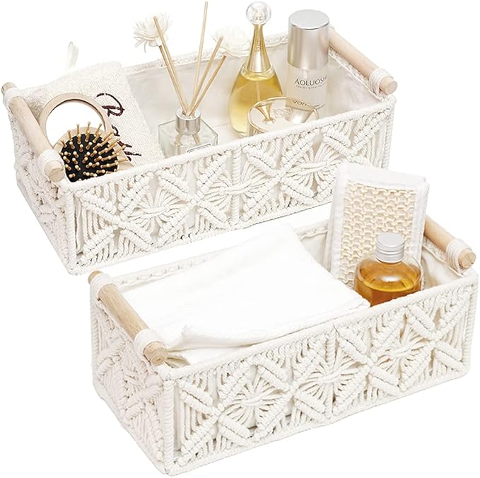 HOSROOME, Hosroome Macrame Storage Basket Boho Decor Baskets for Organizing Woven Decorative for Countertop Toilet Paper Basket for Tank Top for Home Decor Bedroom Nursery Livingroom Entryway (set of 2)