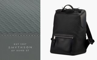 Left, a closeup view of a grey leather pattern. Right, a black leather backpack with a zip pocket on the front of it.