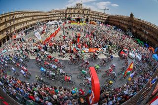 The Vuelta a Espana peloton rolls out for the start of stage 10