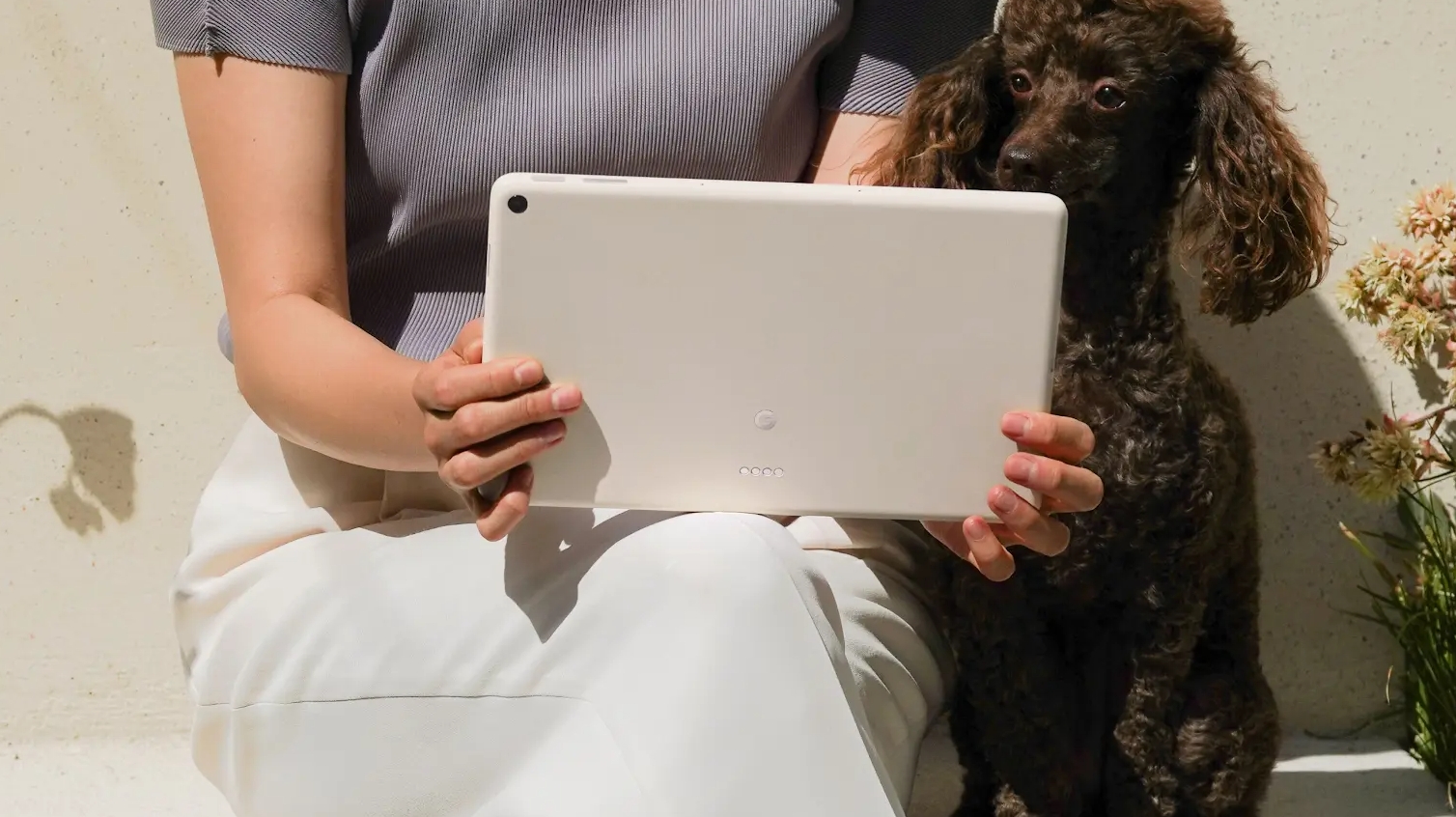 A photo of the Pixel Tablet from the back, in someone's hand
