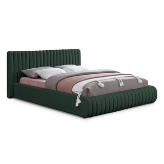dark green boucle bed frame with channel tufting