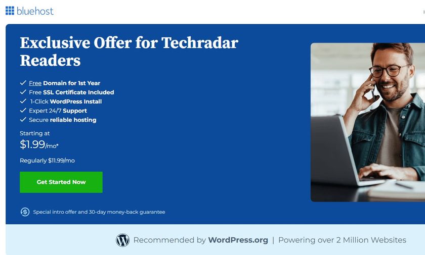 An image of TechRadar&#039;s landing page at Bluehost