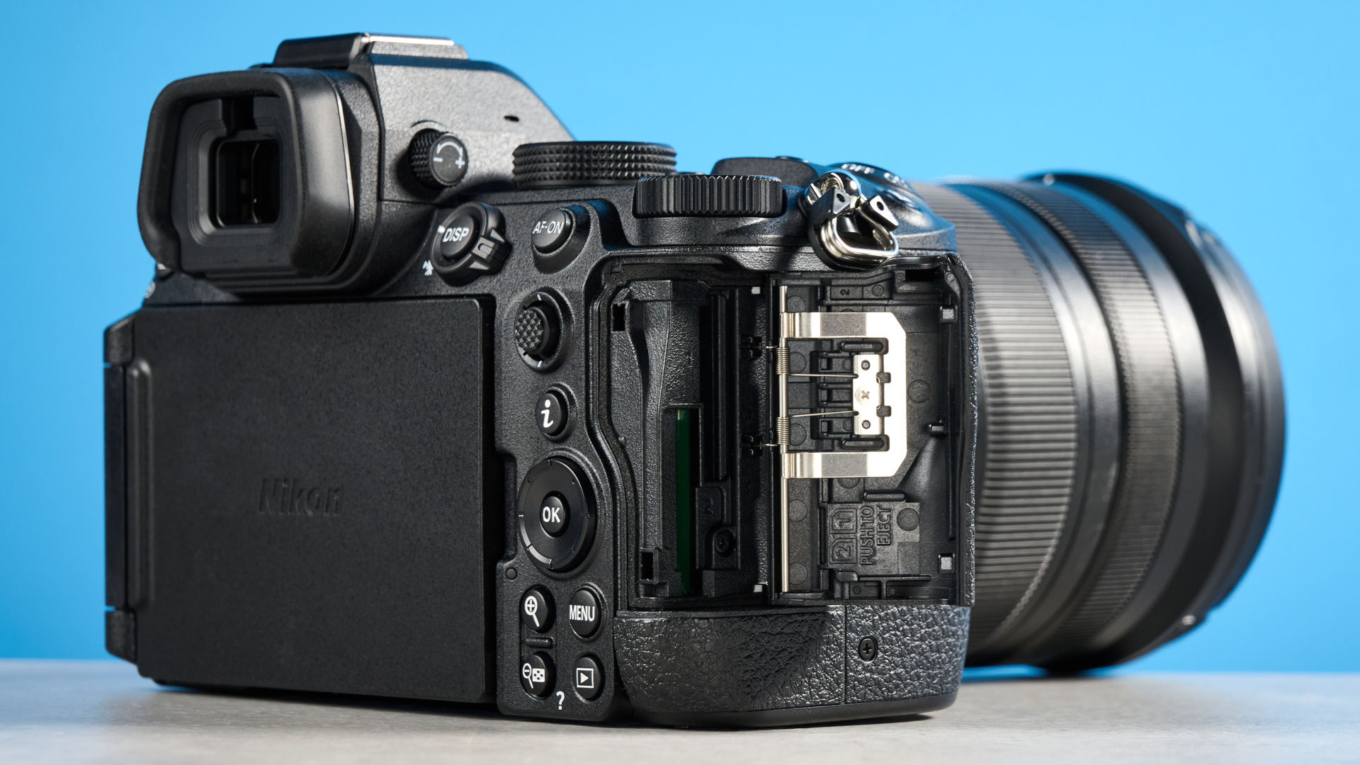 The Nikon Z5II with its card ports open