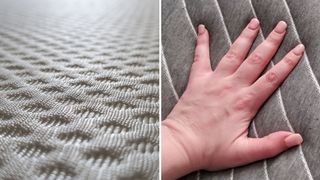 The surface of the Nectar memory foam mattress (left) and a hand touching the surface of the Siena memory foam mattress (right)
